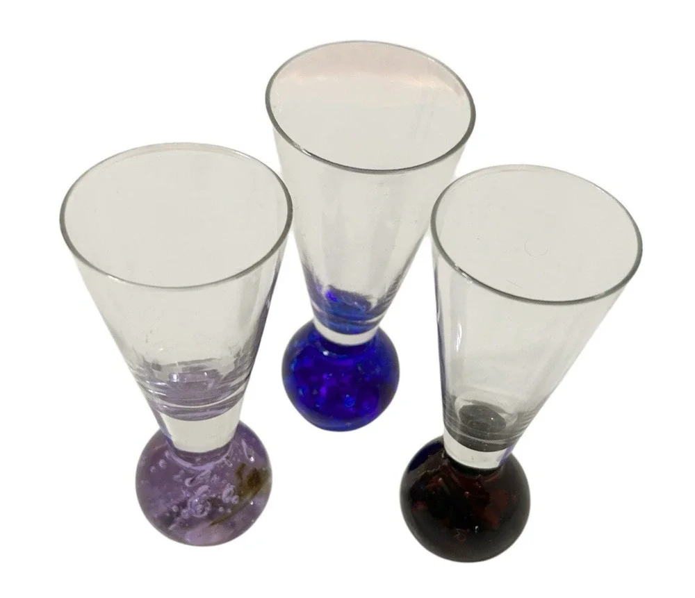 Vtg MCM Set of 3 Cordial Shot Glasses Air Bubble Colored Ball Bottom Bases 4.5 